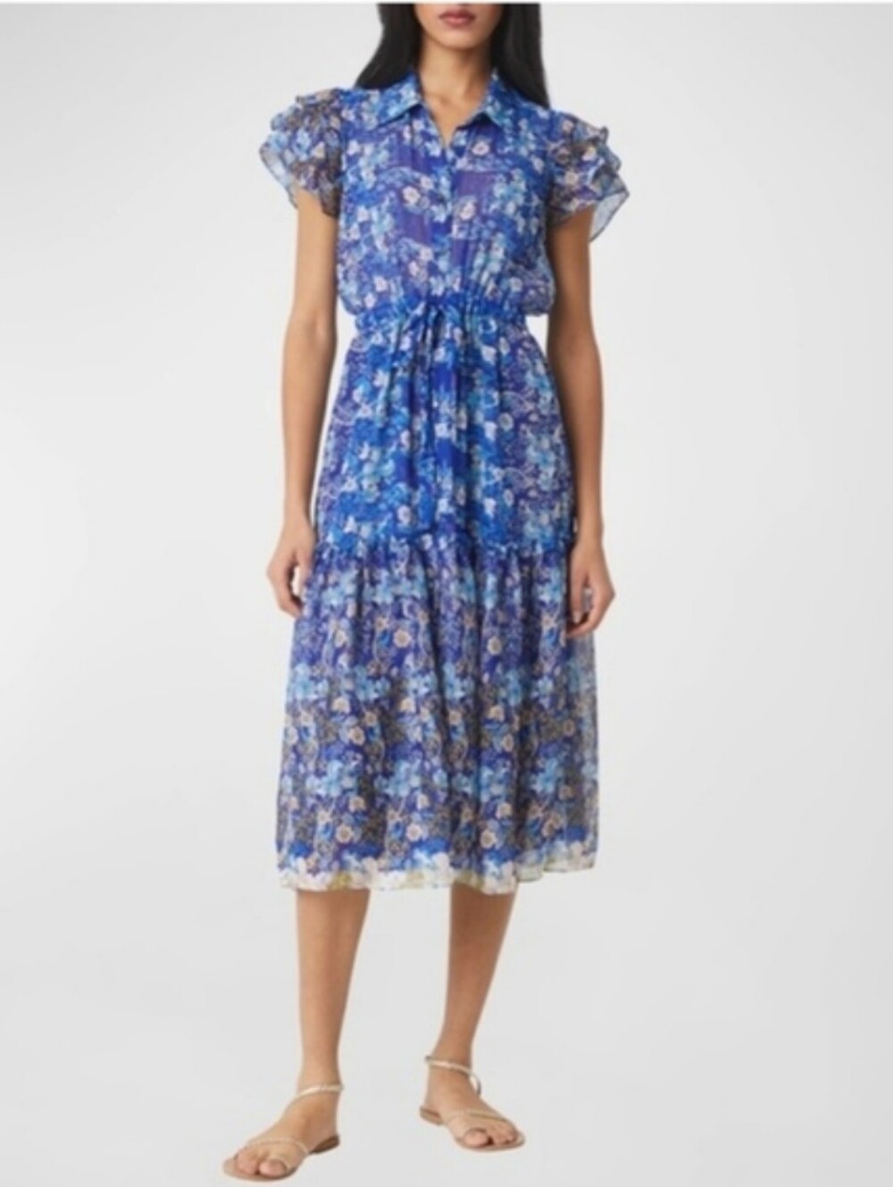 Misa Los Angeles Viola Dress Lapis Ombre Blue Floral Midi Ruffle Tiered Size XS